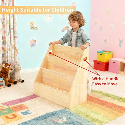 Kids Bookshelf 3-Tier, Solid Wood Bookcase & Montessori Book Display Rack, Open Front Facing Bookshelves for Toddlers, Children's Room, Nursery, Bedroom, Playroom Organizer (Large)