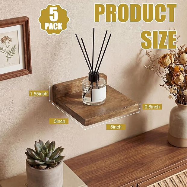 Novabright 5 Pack Small Floating Shelves Mini Shelves Hanging Display 5 Inch Wood Wall Shelf for Plant Bathroom Livingroom Bedroom with 2 Types of Installation Nursery Decor(Brown)