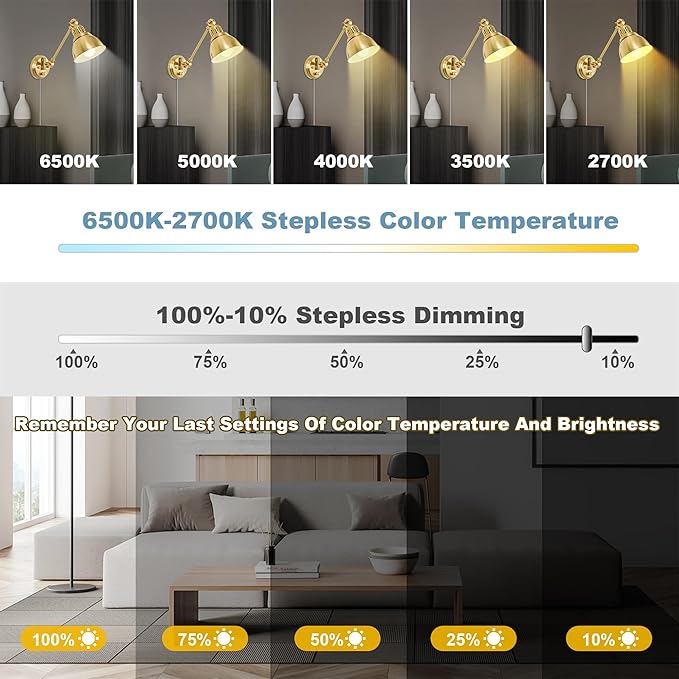 Plug in Wall Sconces Set of Two with Remote, Stepless Colors 2700K-6500K & Stepless Dimming, Premium Golden Finish, Plug in Wall Light with Night Light & Timer, LED Bulbs Included