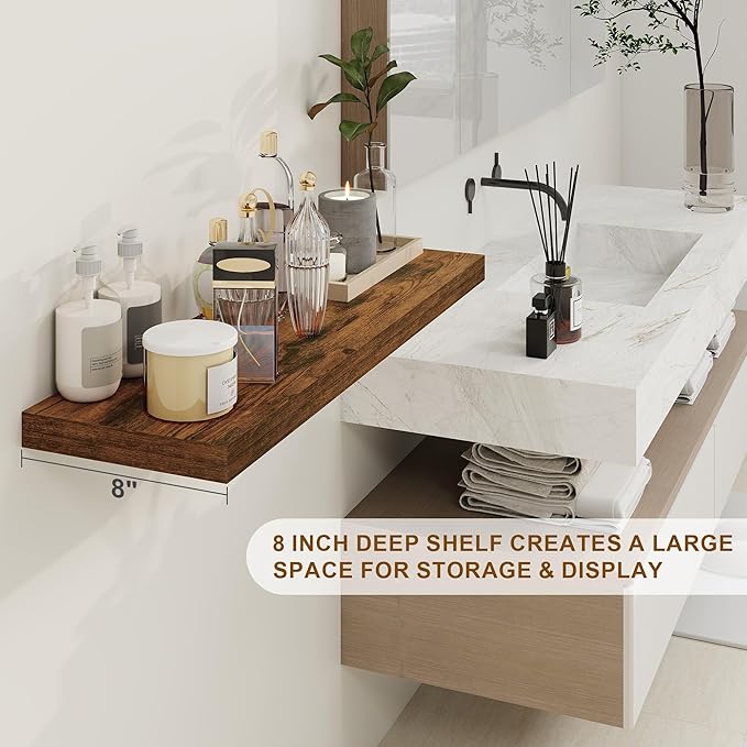 30 Inch Floating Shelves, Rustic Floating Wall Shelves 8 Inch Deep, 30 x 8 Floating Shelves for Home Decor, Deep Storage Shelves for Kitchen, Bathroom, Living Room, Rustic Brown Color, Set of 2