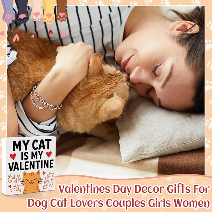 Cat Desk Decor, Gifts for Cats Lover Women Men Pet Parent, Funny Cats Home Office Table Sign Decoration for Room Shelf Station Counter, My Cat Is My Valentine