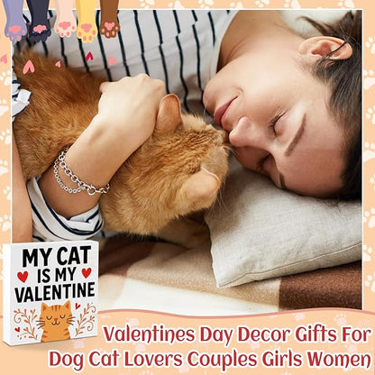 Cat Desk Decor, Gifts for Cats Lover Women Men Pet Parent, Funny Cats Home Office Table Sign Decoration for Room Shelf Station Counter, My Cat Is My Valentine
