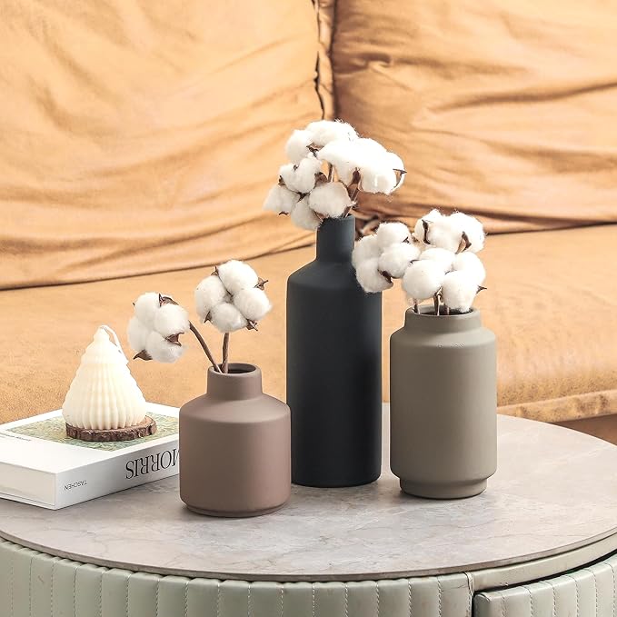 Ceramic Vase Set of 3, Modern Farmhouse Boho Table Centerpiece Vases, Small Flower Pottery for Coffee Bar Shelf Bookshelf Living Room Kitchen Decor, Rustic Home Decor Accents