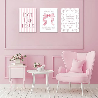 Coquette Pink Bow Wall Art Set of 3, Light Pink Bow Dorm Room Wall Decor Paintings, Inspirational Scripture Verses Canvas Posters Prints Pictures for Girls Dorm Room Bedroom Bathroom 12x16 Inch Framed