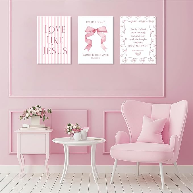 Coquette Pink Bow Wall Art Set of 3, Light Pink Bow Dorm Room Wall Decor Paintings, Inspirational Scripture Verses Canvas Posters Prints Pictures for Girls Dorm Room Bedroom Bathroom 16x24 Inch Framed