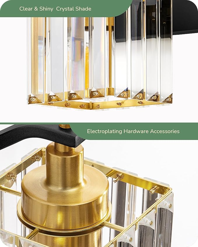 EDISHINE Wall Sconces Set of Two, Bathroom Light Fixtures with Crystal Shade, Modern Vanity Lights, Black Gold Lighting Fixtures Over Mirror, Indoor Wall Lamp, E26 Base