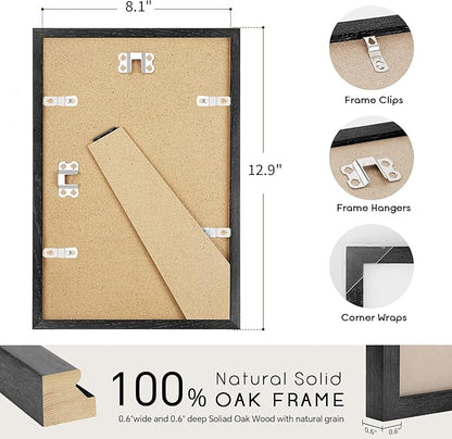 puthiac 8x12 Solid Oak Wood Picture Frame, Fits 6x8 with Mat or 8x12 Without Mat, Wall or Tabletop Display with Stand, Vertical or Horizontal, Plexi Front, 3 Pack, Black