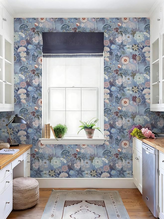 Ismoon Floral Peel and Stick Wallpaper Vintage Blue Contact Paper Jellyfish Ocean Stick on Wall Paper Removable Self Adhesive Vinyl Wallpaper for Bedroom Wall Decor Cabinet Refurbishment 17.3x78.7in