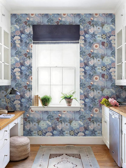 Ismoon Floral Peel and Stick Wallpaper Vintage Blue Contact Paper Jellyfish Ocean Stick on Wall Paper Removable Self Adhesive Vinyl Wallpaper for Bedroom Wall Decor Cabinet Refurbishment 17.3x78.7in