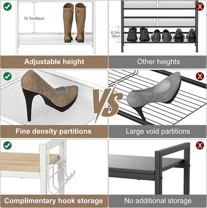 Refrze Shoe Rack for Front Door Entrance, 5 Tier Height-Adjustable Metal Shoe Rack, Sturdy Wooden Top and Tiltable Steel Frame Heavy Duty Shoe Organizer for Bathroom,Bedroom,Kitchen，Include Hook