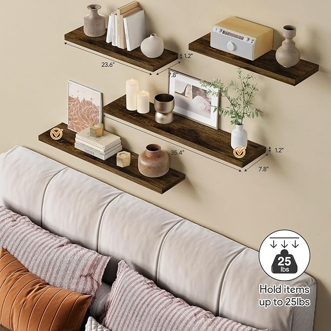 Forbena 36 Inch Floating Shelves for Wall Long Set of 3, Large Deep Wall Shelves for Bedroom Living Room Decor, Rustic Wood Floating Shelf for Kitchen Closet Office TV Plants Books (Dark Brown)