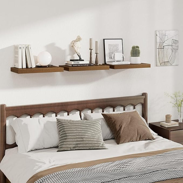 Fun Memories 12 Inch Deep Floating Shelves for Wall, 20 Inch Long Wall Mounted Storage Shelf with Invisible Brackets, 3 Pack Hanging Wood Shelf for Farmhouse, Bedroom, Kitchen, Living Room, Walnut
