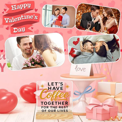 Rustic Valentines Desk Decor for Coffee Bar Porch Tiered Tray, Happy Valentine's Day Home Office Table Sign for Shelf Party, Let's Have Coffee Together