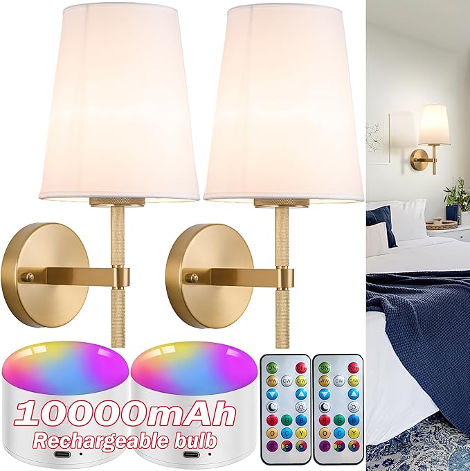Wireless Sconces Set of 2,Battery Wall Sconce Including 10000mAh Large Capacity Dimmable Magnetic Battery Operated Light Bulbs, Easy to Installed in Any Area Without Hiring Electrician