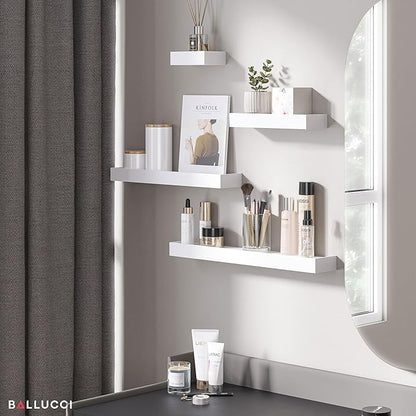 Ballucci Modern Ledge Wall Shelves, Set of 4 Wood Floating Shelves for Bedroom, Bathroom, Living Room, Kitchen, Nursery, White