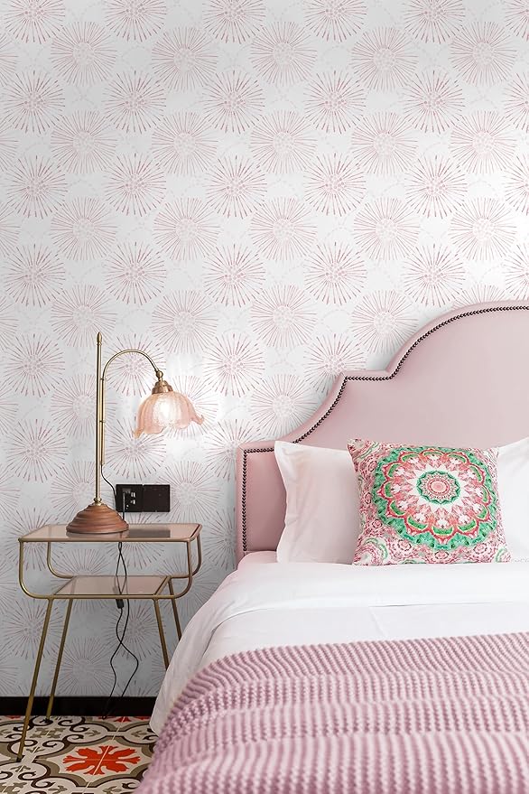 Peel and Stick Wallpaper Geometric Boho Wall Paper White Pink Fireworks Contact Paper 17.3"×393" Self-Adhesive Round Wallpaper for Bedroom Waterproof Removable Shelf Liner Decal Vinyl Roll