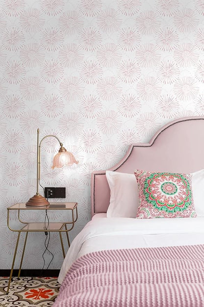 Peel and Stick Wallpaper Geometric Boho Wall Paper White Pink Fireworks Contact Paper 17.3"×393" Self-Adhesive Round Wallpaper for Bedroom Waterproof Removable Shelf Liner Decal Vinyl Roll