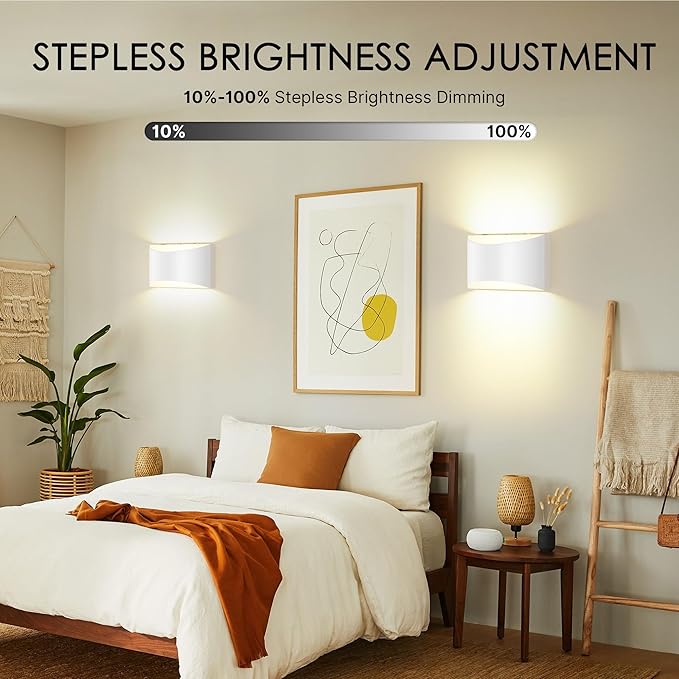 FOLKSMATE Battery Operated Wall Sconces Set of 2, White Rechargeable Wall Lamps, 3 Color Temperatures, Dimmable Lamp for Bedroom, Living Room, Hallway