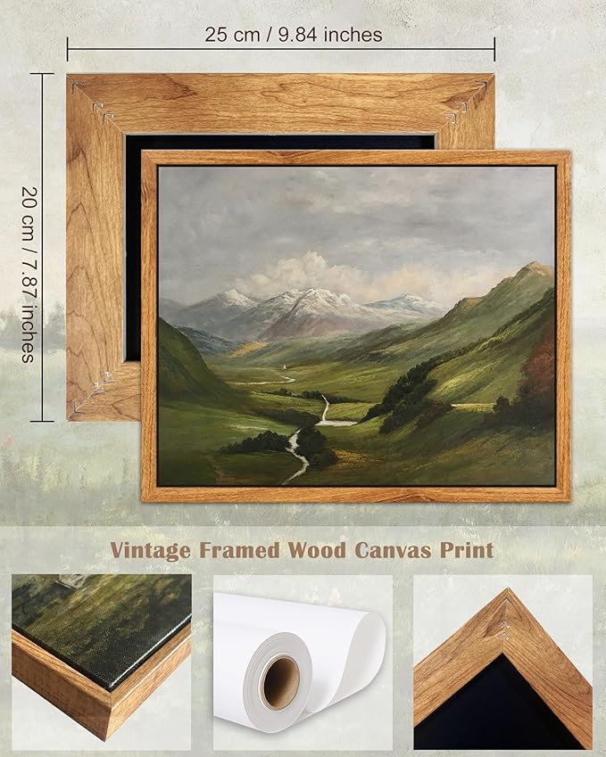 SHENIFY Landscape Vintage Framed Canvas Wall Art Classical Mountain Range Valley Prints Farmhouse Kitchen Office Decor - 8x10in Natural Framed