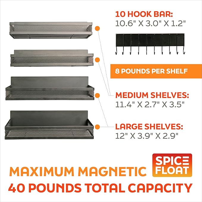 SPICE FLOAT Magnetic Spice Organizer Racks - 4 Premium Metal Racks + 1 Hanging Hook Bar Kitchen Shelf - Seasoning Organizer For Kitchen Appliances (3.94