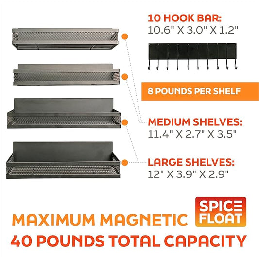 SPICE FLOAT Magnetic Spice Organizer Racks - 4 Premium Metal Racks + 1 Hanging Hook Bar Kitchen Shelf - Seasoning Organizer For Kitchen Appliances (3.94" x 12.2" x 3.15")
