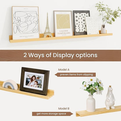 Picture Ledge Shelf, Solid Pine Wood Floating Shelves Set of 2, 36 Inches Nursery Book Shelves for Toys Storage, Kids Bookshelf Wall Mounted for Living Room Bedroom Decor Books Photo Frames, Natural