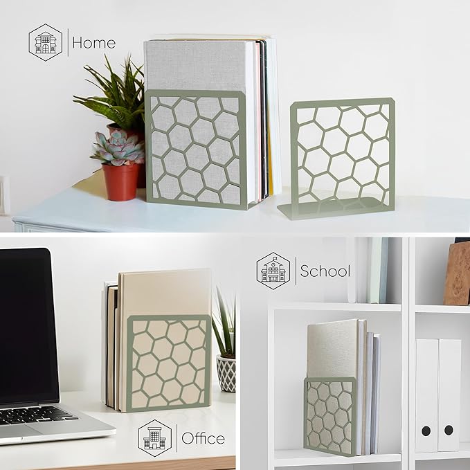 GEOMOD Geometric Honeycomb Sage Metal Bookends Decorative - Tall Sturdy Book Ends for Shelves - Modern Heavy Duty Bookend Stopper - Office or Home Book Shelf Holder - 6x3.25x6.25 Inches-2 Pair