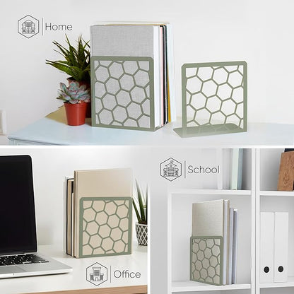 GEOMOD Geometric Honeycomb Sage Metal Bookends Decorative - Tall Sturdy Book Ends for Shelves - Modern Heavy Duty Bookend Stopper - Office or Home Book Shelf Holder - 6x3.25x6.25 Inches-2 Pair
