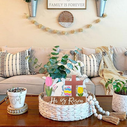 He is Risen Wood Block Table Sign Wooden Bunny Tulips Cross Table Top Decorations Tiered Trays Desk Shelf Easter Home Office Coffee Bar Decor 6 Pieces