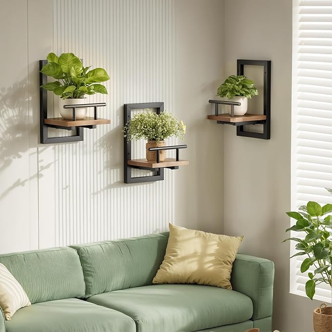 bosbo Floating Shelves for Wall, Plant Shelf Indoor, Wall Planters for Indoor Floating Plant Shelves for Bedroom, Living Room, Kitchen, Office, Bathroom Decor (3 Pack)