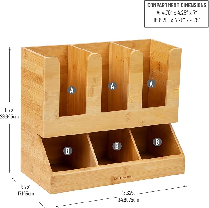 Mind Reader Cup and Condiment Station, Countertop Organizer, Coffee Bar, Kitchen, Bamboo, 13.625"L x 6.75"W x 11.5"H, Brown