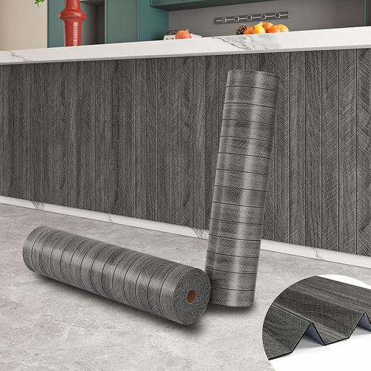 ReWallpaper 24inx16.5ft Charcoal Black Wood Panels Peel and Stick Sound Proof Foam Panels for Walls Self Adhesive Faux Wood Slat Wall Panel Waterproof Wall Covering for Garage Living Room Accent Walls