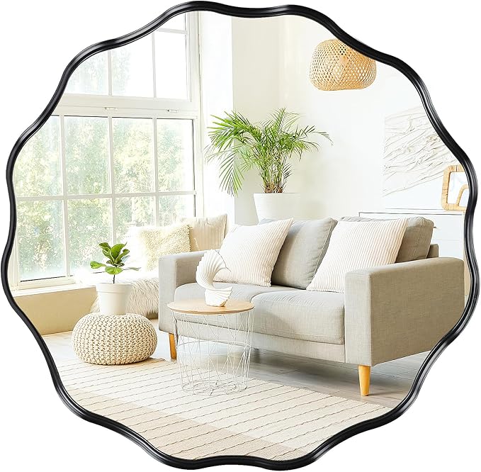 Fabuady Black Round Wavy Edge Mirror - 24'' Circle Wall Mirror with Metal Frame, Decorative Hanging/Leaning Mirrors for Bathroom, Bedroom, Living Room, Hallway, Entryway, Office, Home Decor
