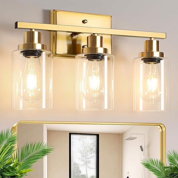 Ascher Bathroom Vanity Light Fixtures, 3 Light Wall Sconces Lighting with Clear Glass Shade, Gold Wall Lights for Mirror, Kitchen, Living Room, Gallery, E26 Base (Bulbs Not Included)