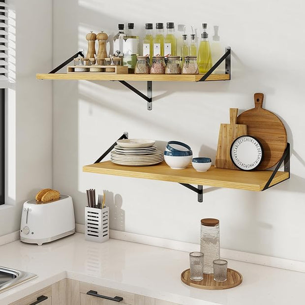 Floating Shelves, 12 Inch Deep Rustic Wood Wall Storage, 36W x 12D Wall Shelves Set of 2, Heavy Duty Metal Brackets, Large Industrial Book Shelf for Living Room, Kitchen, Bedroom, Oak