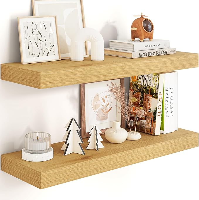Heimlove 24 inch Floating Shelves for Wall,9.3 inch deep Bathroom Over Toilet Shelf,Wall Mounted Rustic Wood Shelves for,Bedroom,Living Room,Kitchen,Office Decor Set of 2-Oak Color