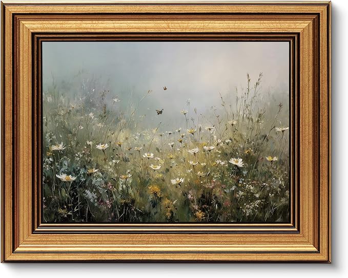 VIYYIEA Gold Framed Art Prints,8x10Inch, Wildflower Floral Vintage Art Painting, Country Spring Landscape Decor for Bedroom Bathroom Dining Room Shelf, Rustic Farmhouse Canvas Picture