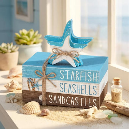 Geelin 4 Pcs Summer Beach Tiered Tray Decor Wooden Book Stack Signs, Starfish Seashell Coastal Nautical Table Centerpiece for Shelf Coffee Bar Home Kitchen Beach House Decorations