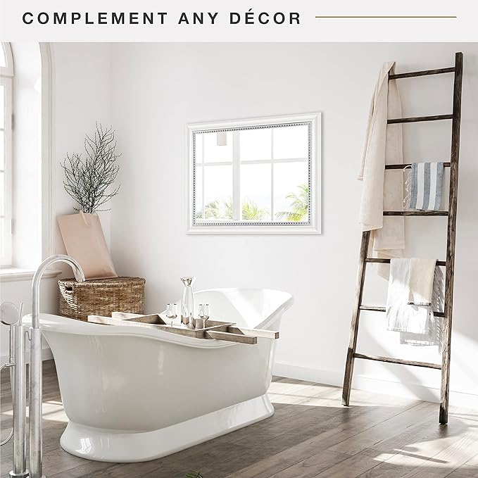 MCS 22x28 Large Wall Mirror, White Woodgrained Frame with Silver Embossed Detail & Beveled Detail Mirror, Vertical & Horizontal Wall Hanging Mirror for Bathroom, Bedroom & Livingroom