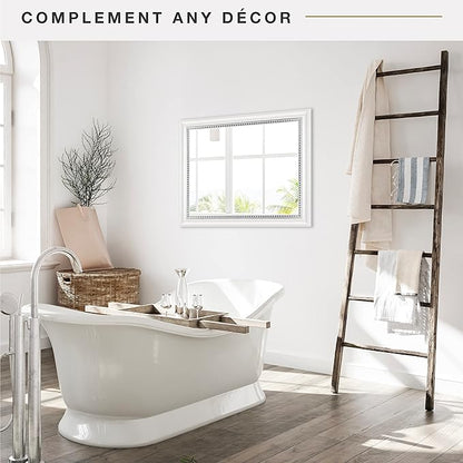 MCS 22x28 Large Wall Mirror, White Woodgrained Frame with Silver Embossed Detail & Beveled Detail Mirror, Vertical & Horizontal Wall Hanging Mirror for Bathroom, Bedroom & Livingroom