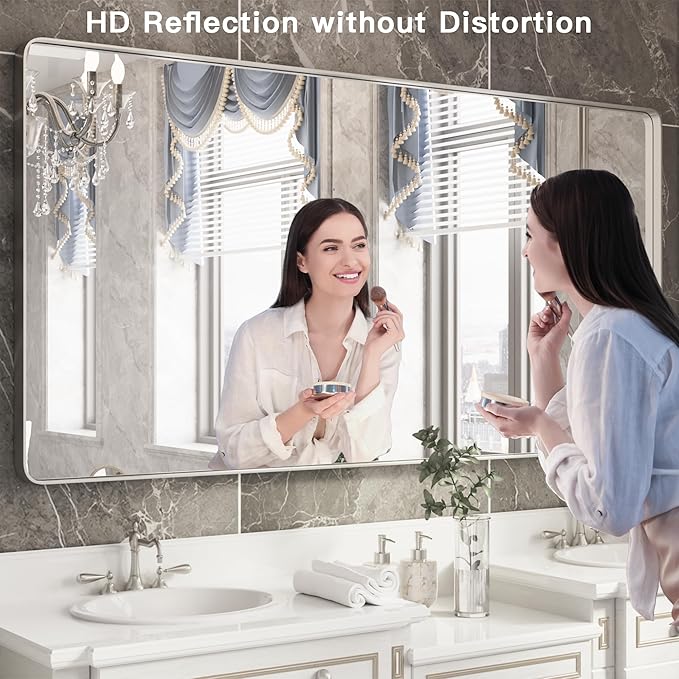 ISKM Large Sliver Metal Framed Bathroom Mirror for Wall, 60 x 28 Inch Large Vanity Mirror Wall Mounted Farmhouse Decorative for Living Room Entryway (Horizontal/Vertical)