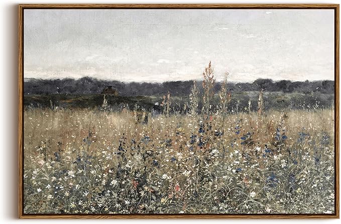 InSimSea Framed Canvas Wall Art Vintage Decor, Large Wall Art, Meadow with Flowers Landscape Wall Art Prints, Modern Farmhouse Cottagecore Bedroom Bathroom Office Decoration, 20