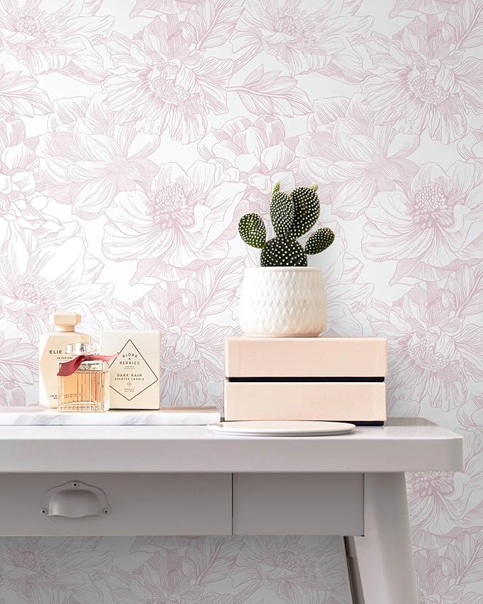 Ismoon Large Floral Peel and Stick Wallpaper Boho White/Pink Contact Paper 17.3inx6.5ft Removable Self Adhesive Bedroom Cabinet Mural Wall Decor Vinyl Roll