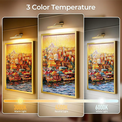 Picture Lights for Wall, Brushed Gold Battery Operated Picture Light 16in Art Light CCT Dimmable Recharging Battery Wall Light with Remote Control for Living Room Gallery 2PCS