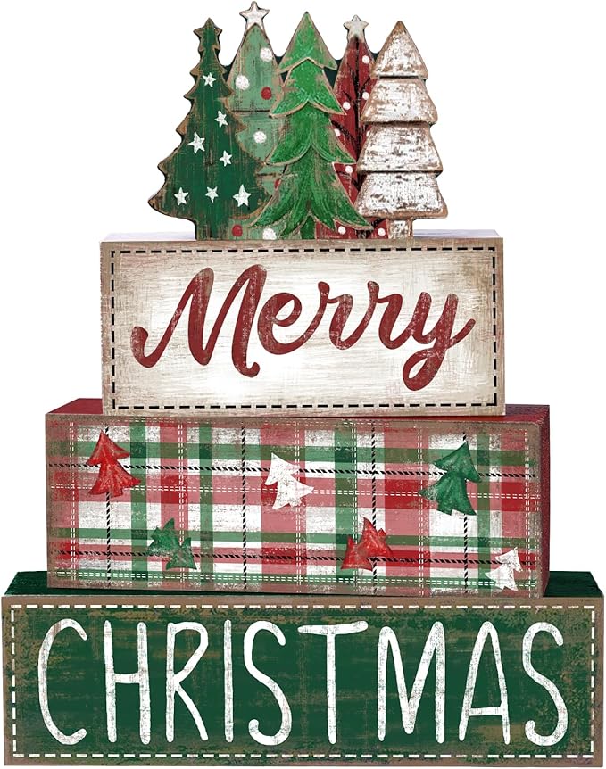 DIYDEC 4Pcs Christmas Table Decoration Green Tree Wooden Block Sign Christmas Tiered Tray Decor Winter Centerpiece Decorative Sign for Xmas Holiday Tabletop Coffee Fireplace Shelf Desk Party Decor