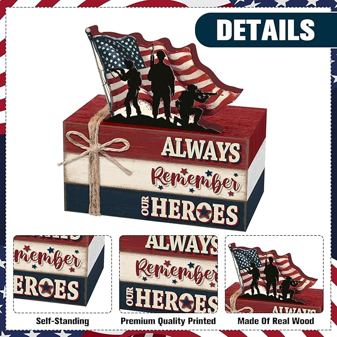 Geelin 4 Pcs Memorial Day Wooden Book Stack Decorations, Patriotic Tabletop Book Sign with Soldiers and American Flag, Rustic Red White Blue Tiered Tray Decor for Home Office Veterans Day