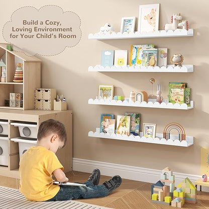 Fun Memories 32 Inch White Floating Shelf, Scalloped Picture Ledge for Nursery, Set of 4, Wall Mounted Book Shelves for Kids Room, Toddler Room