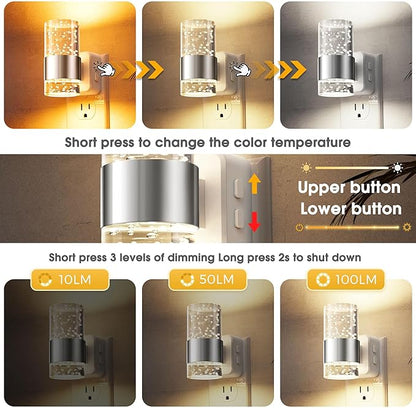 L LOHAS LED Night Lights Plug into Wall, Dimmable Night Light with Dusk-to-Dawn Sensor, Soft White/Cool White/Amber 3 Color Light, Adjustable Brightness, Rotatable Plug, Bubble Nightlight for Hallway