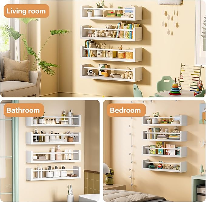 16.5" Wall Book Shelves for Kids - Floating Nursery Book Shelves Set of 4, White Wall Mounted Bookshelf for Kids Room, Toddler Bedroom Furniture & Toy Storage