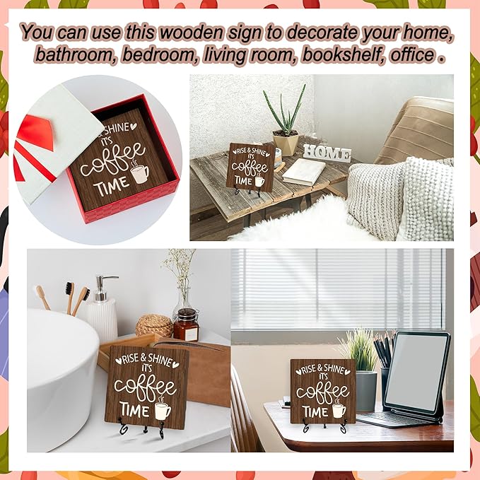 Coffee Desk Decor Sign, Coffee Time Sign With Stand For Farmhouse Home Kitchen Table, Wine Sign For Farmhouse Home Kitchen Bar Shelf Table, Gifts For Family Friend Coworker-10